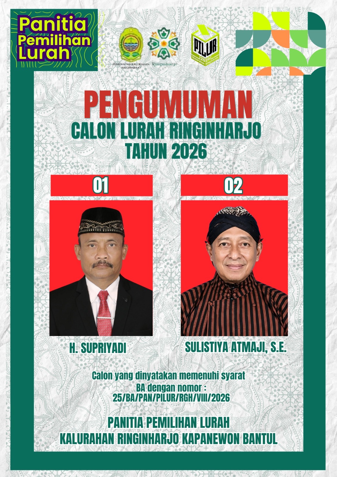 Penetapan dan Pengundian Nomor Urut Calon Lurah Ringinharjo